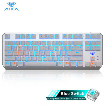 AULA F3087 žaidimų mechaninė klaviatūra, 87 klavišai, apsauganti nuo vaiduoklio foninio apšvietimo klaviatūros mėlyna jungiklis su C tipo kabeliu planšetiniam kompiuteriui