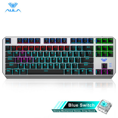 AULA F3087 žaidimų mechaninė klaviatūra, 87 klavišai, apsauganti nuo vaiduoklio foninio apšvietimo klaviatūros mėlyna jungiklis su C tipo kabeliu planšetiniam kompiuteriui
