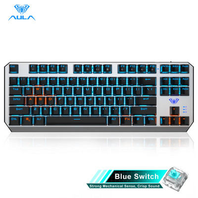 AULA F3087 žaidimų mechaninė klaviatūra, 87 klavišai, apsauganti nuo vaiduoklio foninio apšvietimo klaviatūros mėlyna jungiklis su C tipo kabeliu planšetiniam kompiuteriui
