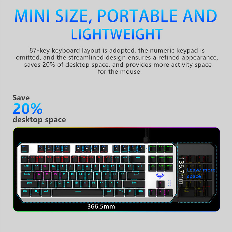 AULA F3087 žaidimų mechaninė klaviatūra, 87 klavišai, apsauganti nuo vaiduoklio foninio apšvietimo klaviatūros mėlyna jungiklis su C tipo kabeliu planšetiniam kompiuteriui