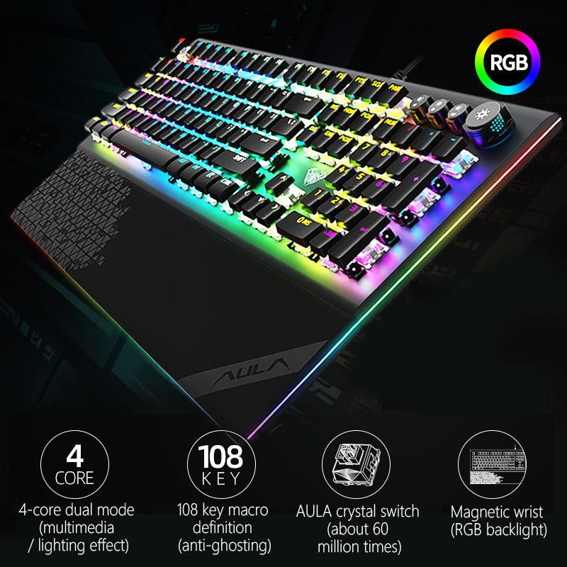 AULA L2098 RGB tipkovnica Gaming Mehanička tipkovnica Plavi prekidač Žičana Anti-ghosting Tipkovnica s kristalnim pozadinskim osvjetljenjem za prijenosno računalo