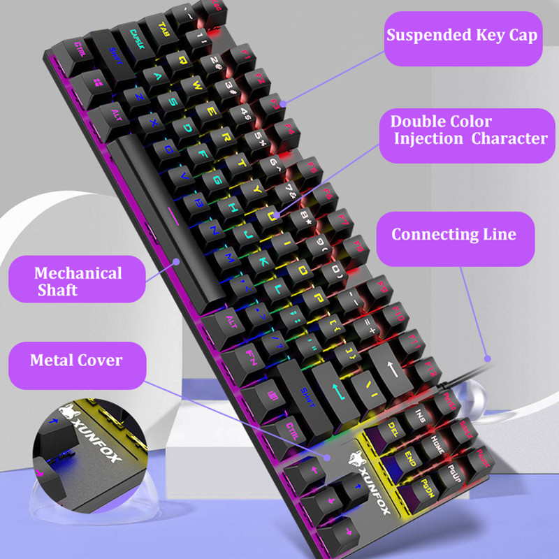 Īsta Mehāniskā Klaviatūra 87 Taustiņi USB Datoru Piederumi Tastatūra ar Led aizmugurgaismojumu Spēļu Metāla Vadu Klaviatūras Zils Slēdzis