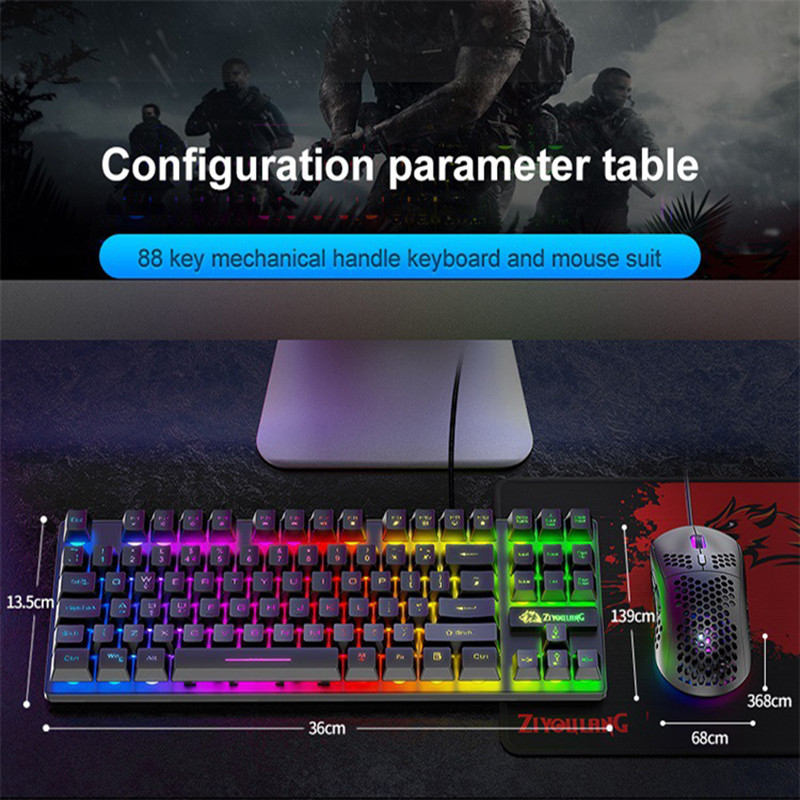 Mehaaniline klaviatuur LED RGB taustavalgustusega USB arvutitarvikutega 88 klahvi Juhtmega klaviatuur Hiir ja komplekt 6400 dpi mänguarvuti