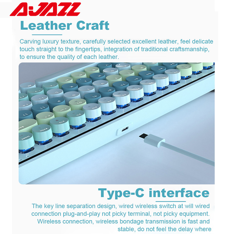 Vintage ümmargune klahvistikuga klaviatuur Punane sinine lüliti 3 mudel juhtmevaba/2,4g/juhtmega klaviatuurid Sülearvuti mehaaniline laetav klaviatuur