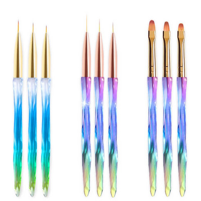 3 vnt Gradient Crystal nagų šepetėlių rinkinys, skirtas piešimo linijai tinklelis Akrilo nagų dailės įdėklų dažymo rašiklis „pasidaryk pats“ UV gelio šepetėliai manikiūro įrankiai