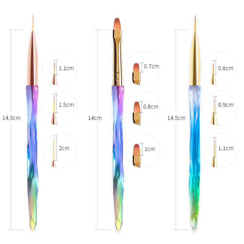 Set de 3 bucăți de perii de unghii de cristal cu gradient pentru desenul de linie grilă acrilic Nail Art Liner pentru pictură Pen DIY perii cu gel UV Instrumente de manichiură