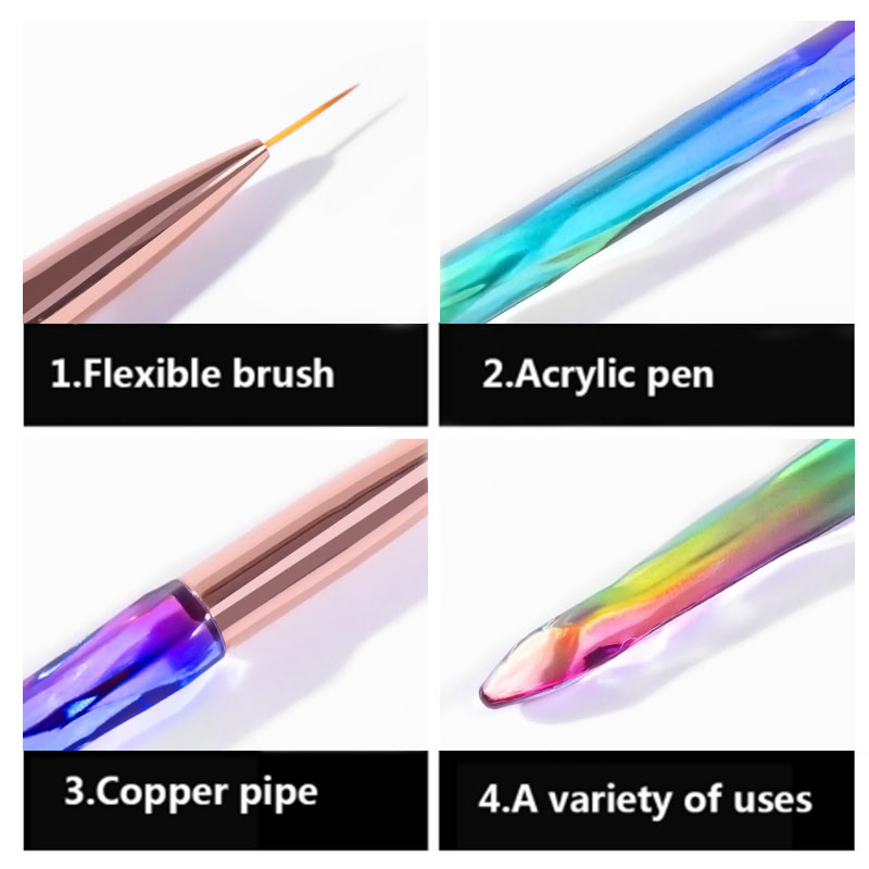 Set de 3 bucăți de perii de unghii de cristal cu gradient pentru desenul de linie grilă acrilic Nail Art Liner pentru pictură Pen DIY perii cu gel UV Instrumente de manichiură