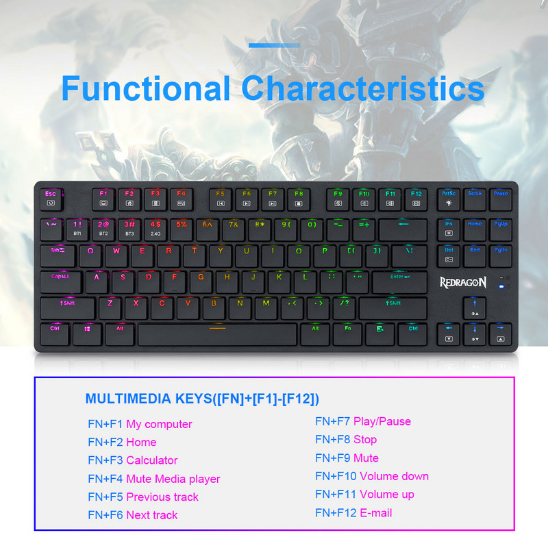 REDRAGON Anubis K539 RGB szupervékony mechanikus játékbillentyűzet USB támogatás Bluetooth vezeték nélküli 2.4G 3 mód 87 billentyű a számításhoz
