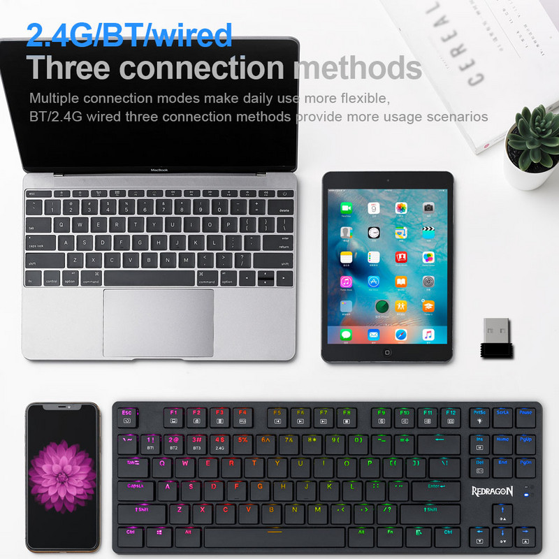 REDRAGON Anubis K539 RGB szupervékony mechanikus játékbillentyűzet USB támogatás Bluetooth vezeték nélküli 2.4G 3 mód 87 billentyű a számításhoz