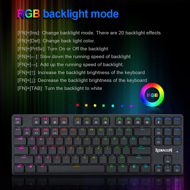 REDRAGON Anubis K539 RGB szupervékony mechanikus játékbillentyűzet USB támogatás Bluetooth vezeték nélküli 2.4G 3 mód 87 billentyű a számításhoz