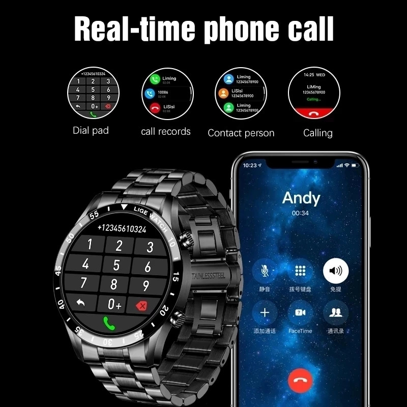 LIGE 2023 Teljes körben érintőképernyős acél pánt luxus Bluetooth hívás Férfi okosóra Vízálló Sport Activity fitness óra+doboz
