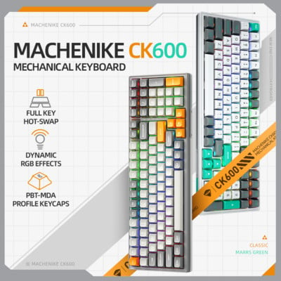 „Machenike CK600“ mechaninė klaviatūra 100 klavišų „Hot Swap“ RGB trijų režimų CSA profilio PBT klaviatūros belaidė klaviatūra, skirta „Mac“ / „Windows“