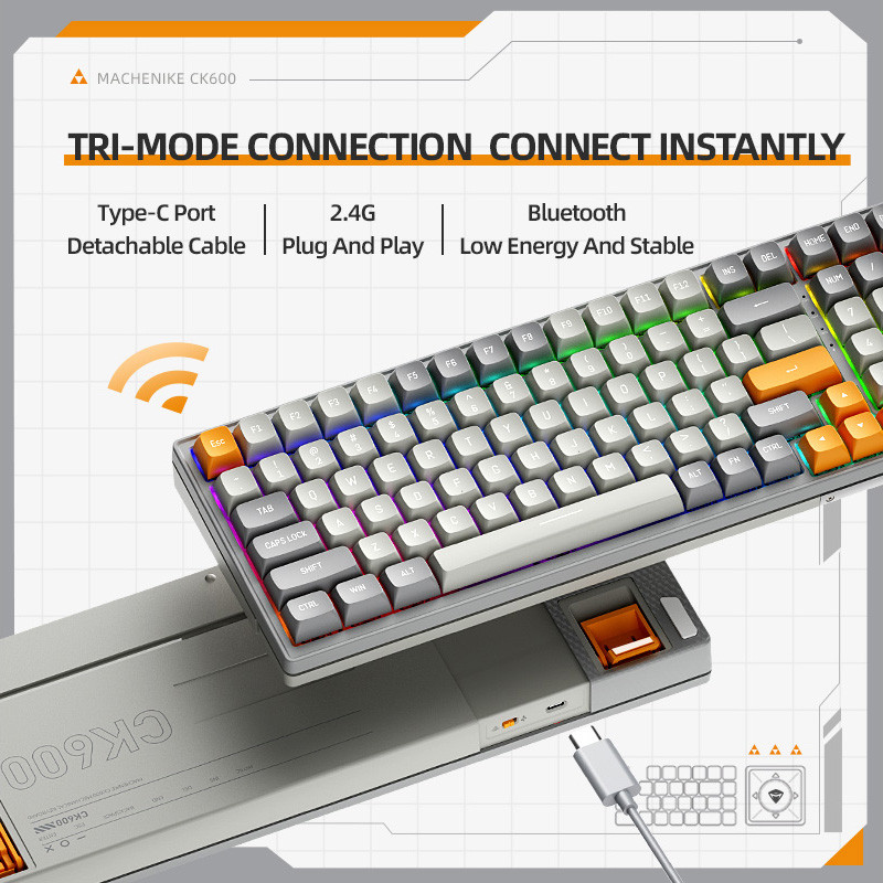 Machenike CK600 mehāniskā tastatūra 100 taustiņu karstās maiņas RGB trīsrežīmu CSA profila PBT tastatūras bezvadu tastatūra operētājsistēmai Mac/Windows