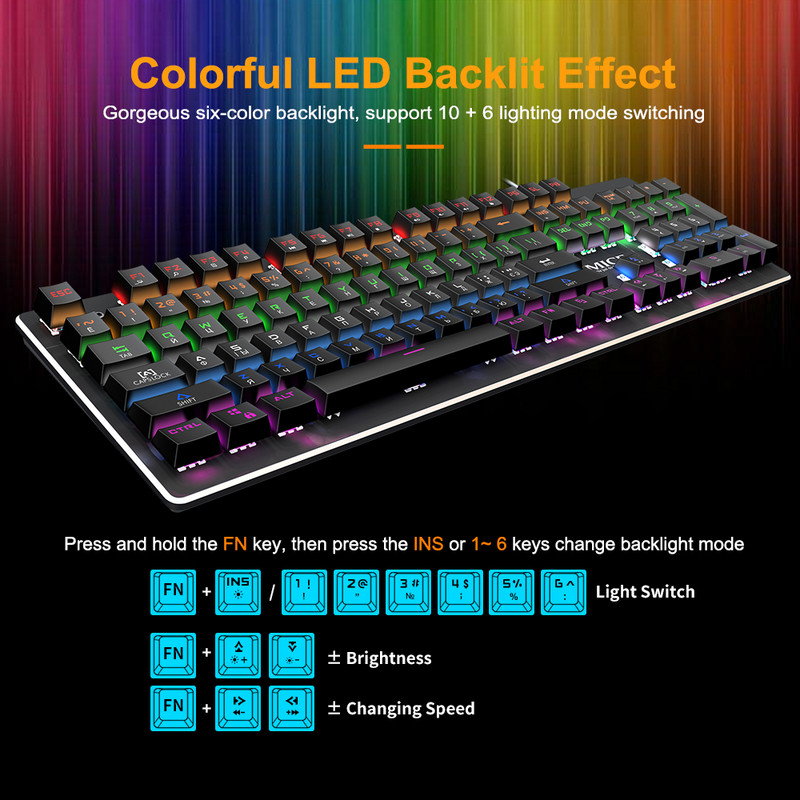 Gaming billentyűzet Mechanikus billentyűzet Játékos háttérvilágítással USB RGB 87/104 billentyűzettel Vezetékes Ergonomikus orosz billentyűzet PC számítógéphez