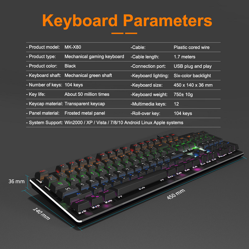 Gaming billentyűzet Mechanikus billentyűzet Játékos háttérvilágítással USB RGB 87/104 billentyűzettel Vezetékes Ergonomikus orosz billentyűzet PC számítógéphez