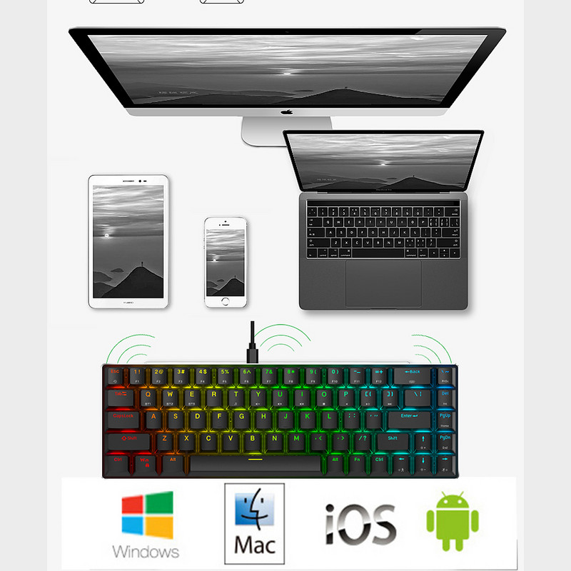Mini prenosná mechanická klávesnica s RGB podsvietením 2,4 GHz bezdrôtová/Bluetooth herná klávesnica s káblom typu C/USB pre tablety a mobilné zariadenia