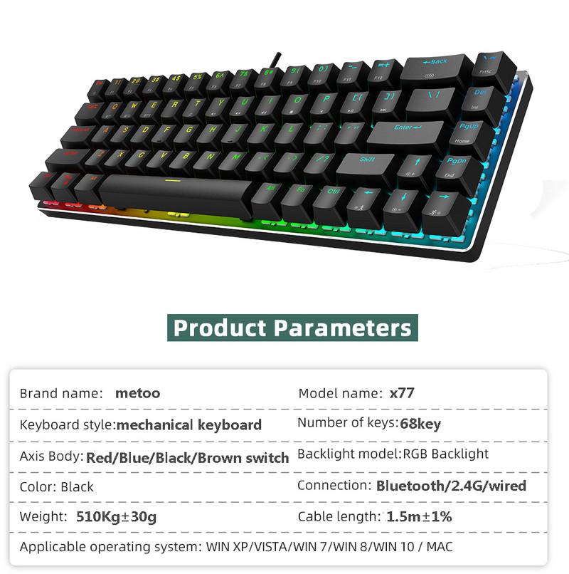 Metoo 2,4 GHz bezdrôtová/Bluetooth/káblová mini prenosná mechanická klávesnica s RGB podsvietením pre herné klávesnice pre notebooky, tablety a mobilné zariadenia