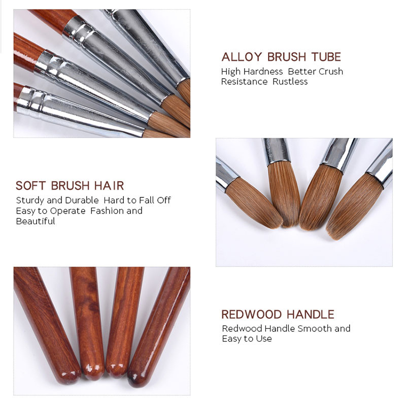 Naujas akrilo nagų dailės šepetėlis „Poly Builder“ nagų šepetėlis raudonas medžio rankenos rašiklis Profesionalus manikiūro šepetėlis Kolinsky Sable Pen