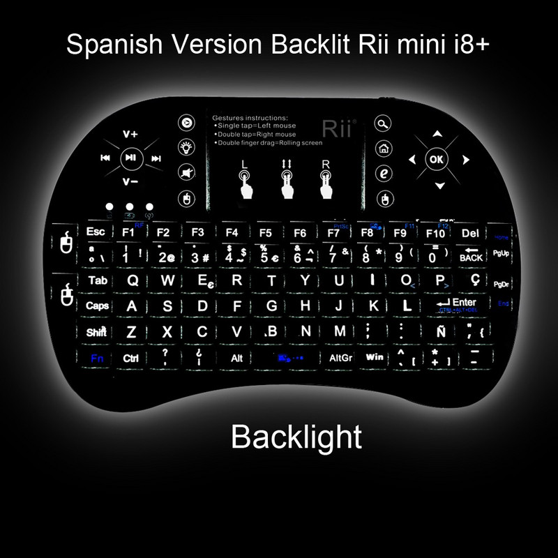 Tastatură Rii i8+ HE/RU/AR/FR/US Mini tastatură fără fir retroiluminată originală de 2,4 GHz cu touchpad pentru Android TV Box/PC/laptop