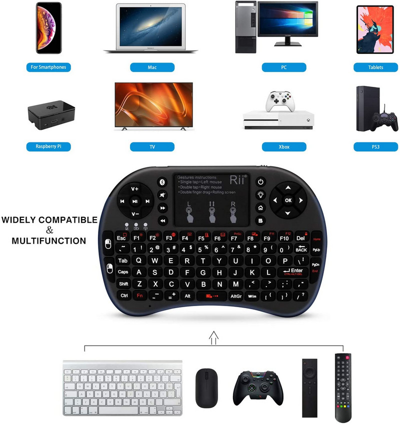 Tastatură Bluetooth Rii Mini cu touchpad Tastatură fără fir portabilă de 2,4 GHz iluminată din spate pentru smartphone-uri Laptop/PC/Windows/Mac/TV Box