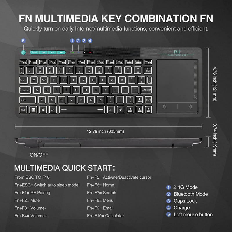 Rii RT518S Mini Bluetooth bežična 2-LED multimedijska tipkovnica s pozadinskim osvjetljenjem u boji Miš Punjiva tipkovnica za Android TV Box/PC