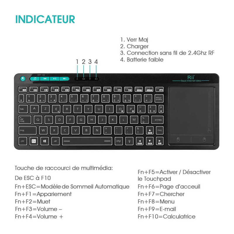 Mini tastatură fără fir Rii K18 RGB cu iluminare din spate Tastatură de birou franceză (AZERTY) cu mouse tactil cu ecran tactil pentru Android TV Box PC