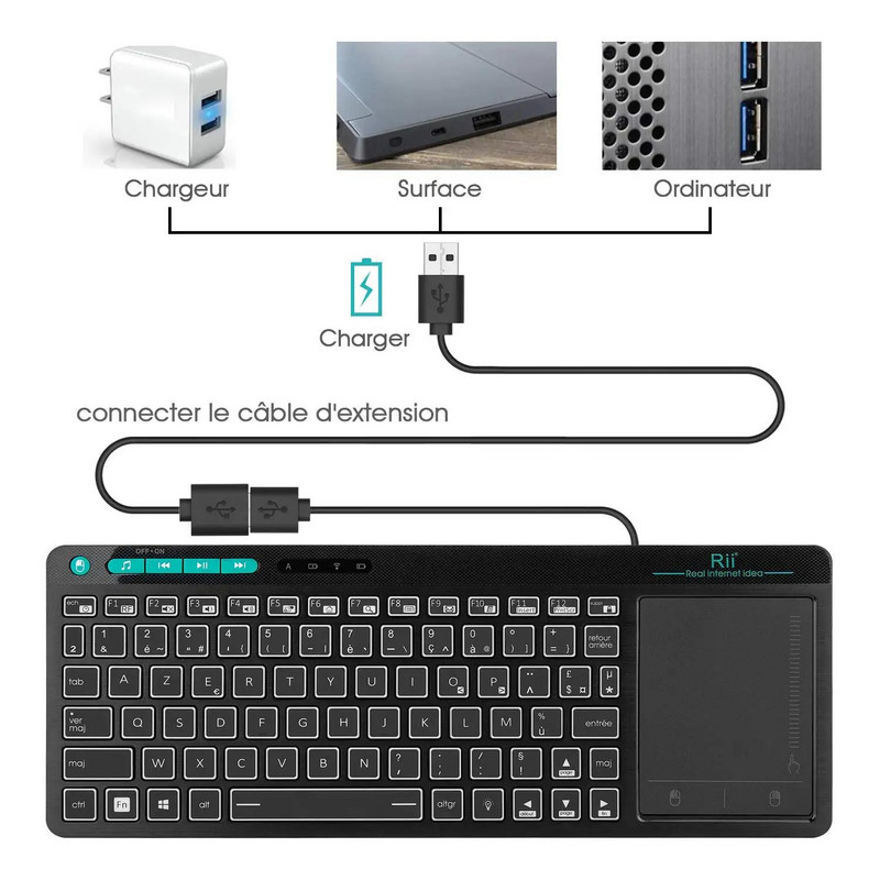 Mini tastatură fără fir Rii K18 RGB cu iluminare din spate Tastatură de birou franceză (AZERTY) cu mouse tactil cu ecran tactil pentru Android TV Box PC