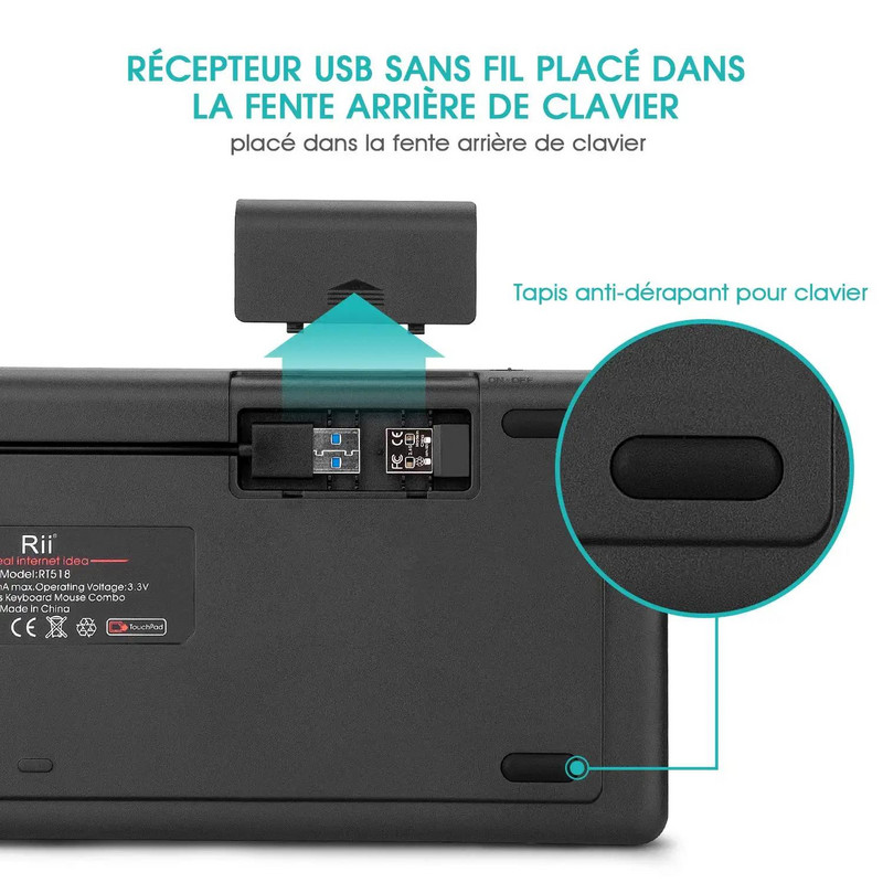 Mini tastatură fără fir Rii K18 RGB cu iluminare din spate Tastatură de birou franceză (AZERTY) cu mouse tactil cu ecran tactil pentru Android TV Box PC