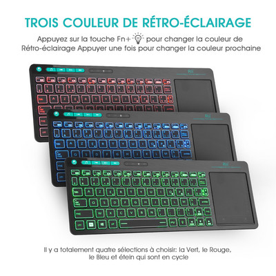 Rii K18 Plus Wireless Multimedia RU/US/FR/HE Πληκτρολόγιο 3-LED Έγχρωμο οπίσθιο φωτισμό με Multi-Touch για Android TV Box,PC