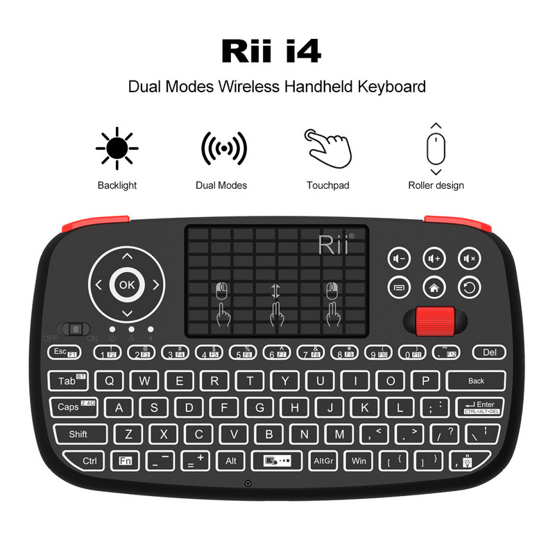 Rii i4 2.4G Bluetooth Dual Modes Mini tipkovnica Ručna ploča s prstima Miš s pozadinskim osvjetljenjem Touchpad Daljinski upravljač za Windows PC Android