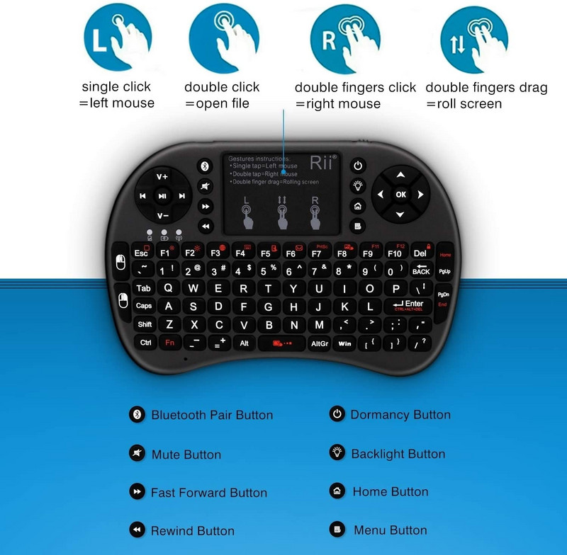 Rii i8+ bt engleska tipkovnica s touchpadom i pozadinskim osvjetljenjem, prijenosna bežična tipkovnica za pametne telefone, laptop/PC/Windows/Mac/TV Box