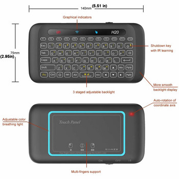 HKYC H20 Mini 2.4 Ghz Безжична клавиатура Подсветка Тъчпад Air Mouse IR Наклонено дистанционно управление за Andorid Box Smart TV Windows