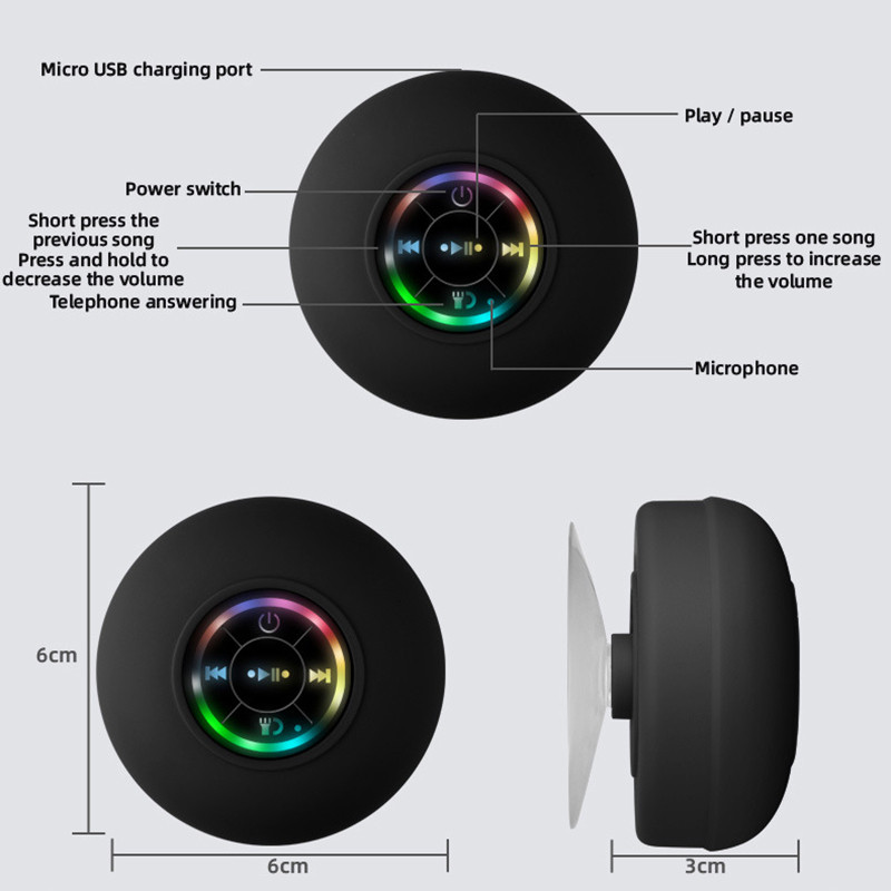 Mini Bluetooth reproduktor, vodotesný kúpeľňový audio bezdrôtový sprchový reproduktor s RGB svetlom pre telefón, soundbar, hands-free reproduktor do auta