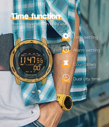 NORTH EDGE Mars Мъжки смарт часовник Дамски спортни часовници Военен часовник Крачкомер с двойно време Цифрова аларма Обратно броене Водоустойчив 50M