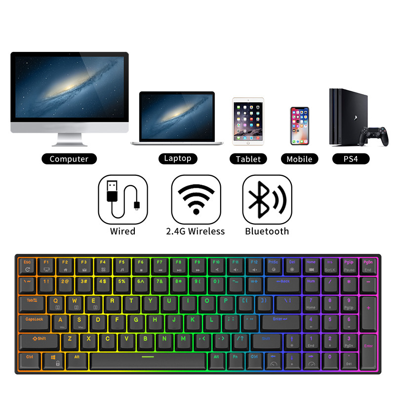 RK ROYAL KLUDGE RK100 2,4 G bezvadu/Bluetooth/vadu RGB mehāniskā tastatūra, 100 taustiņu karstā maināma spēļu tastatūra operētājsistēmai Win/Mac