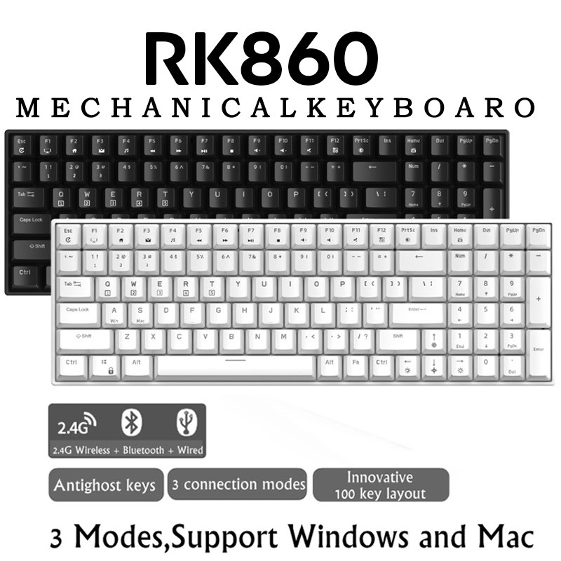 RK ROYAL KLUDGE RK100 2,4 G bezvadu/Bluetooth/vadu RGB mehāniskā tastatūra, 100 taustiņu karstā maināma spēļu tastatūra operētājsistēmai Win/Mac