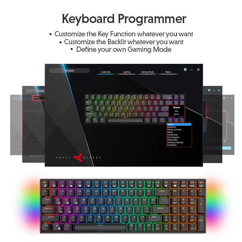 RK ROYAL KLUDGE RK100 2,4 G bezvadu/Bluetooth/vadu RGB mehāniskā tastatūra, 100 taustiņu karstā maināma spēļu tastatūra operētājsistēmai Win/Mac