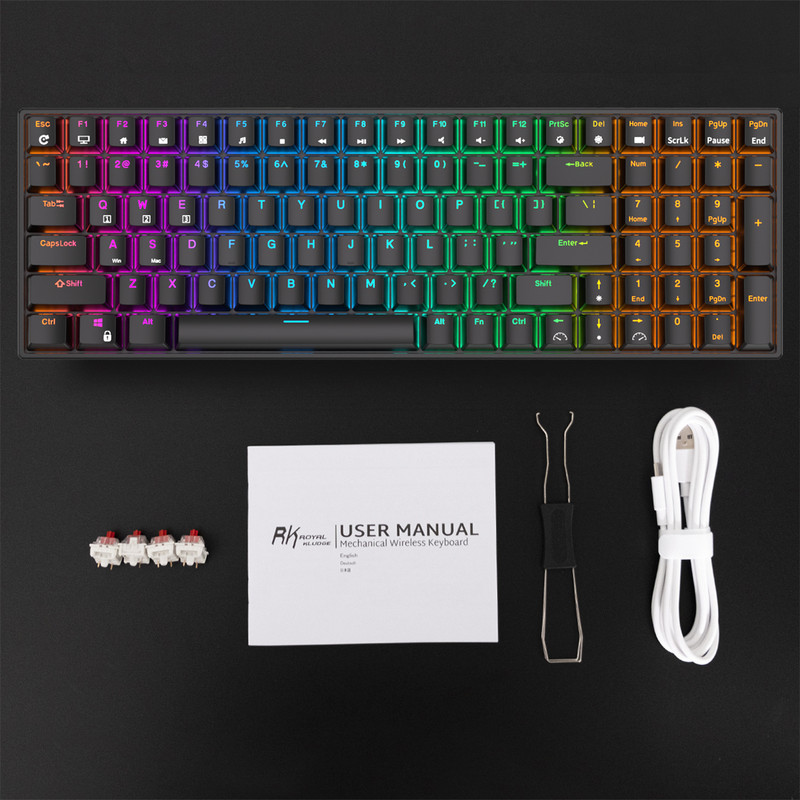 RK ROYAL KLUDGE RK100 2,4 G bezvadu/Bluetooth/vadu RGB mehāniskā tastatūra, 100 taustiņu karstā maināma spēļu tastatūra operētājsistēmai Win/Mac