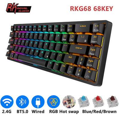 RKG68 RK837 belaidė mechaninė klaviatūra 68 klavišai 65 % RGB foninis apšvietimas, karštai keičiamas 2,4 GHz Bluetooth USB laidinis žaidimų Royal Kludge
