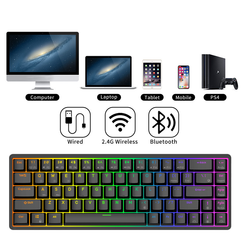 RKG68 RK837 bezvadu mehāniskā tastatūra 68 taustiņi 65% RGB fona apgaismojums, karsti maināms 2,4 GHz Bluetooth USB vadu spēļu Royal Kludge