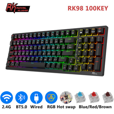 2022 Нова безжична игрална механична клавиатура Royal Kludge RK98 RGB подсветка Гореща смяна 2.4G Bluetooth клавиатура 2 USB порта