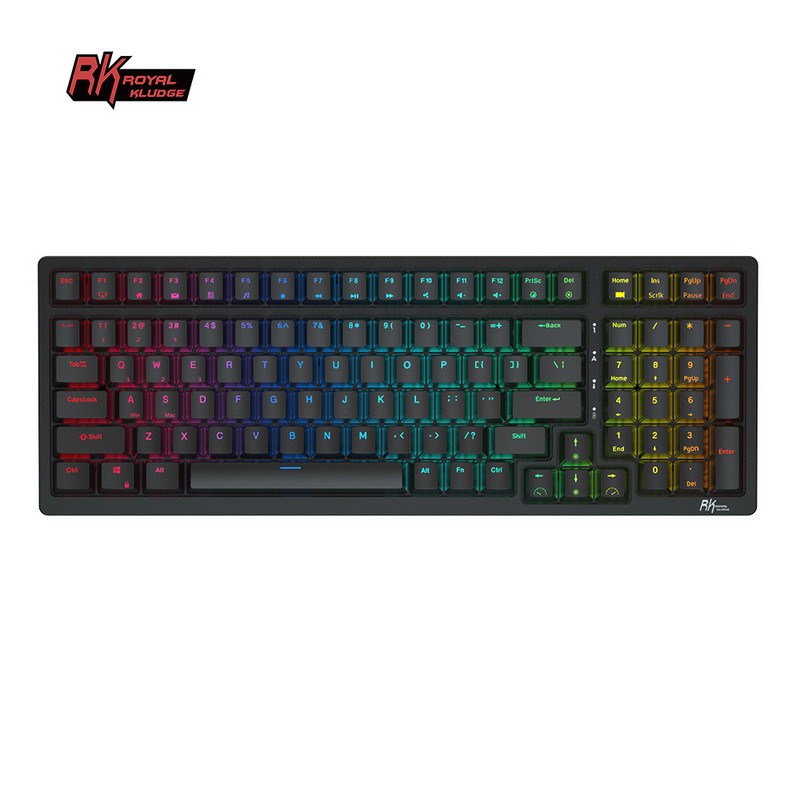 2022. gada jaunā Royal Kludge RK98 bezvadu spēļu mehāniskā tastatūra RGB fona apgaismojuma karsti maināma 2,4 G Bluetooth tastatūra, 2 USB porti