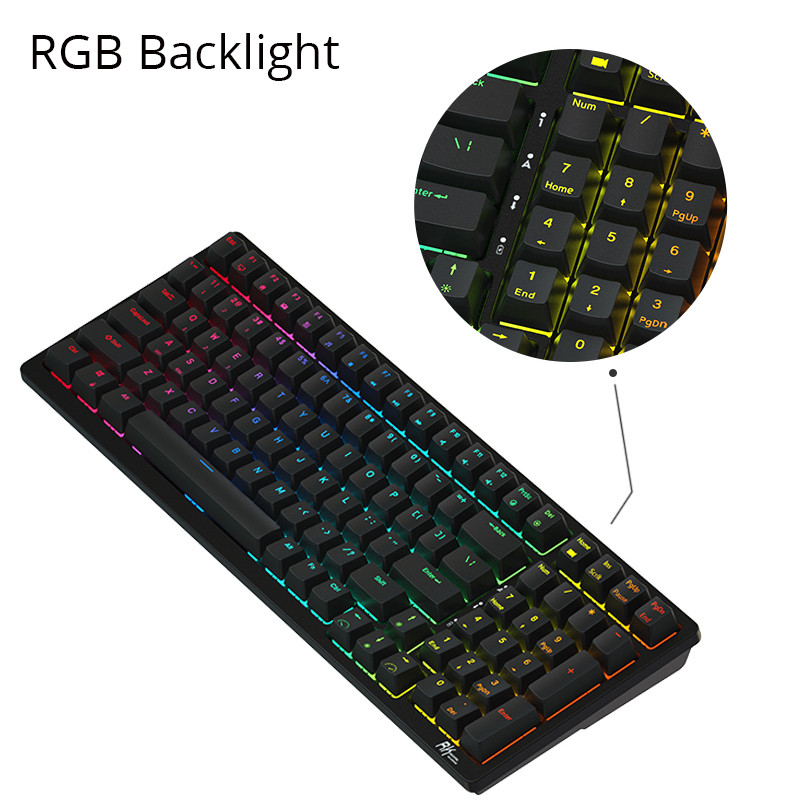 2022. gada jaunā Royal Kludge RK98 bezvadu spēļu mehāniskā tastatūra RGB fona apgaismojuma karsti maināma 2,4 G Bluetooth tastatūra, 2 USB porti