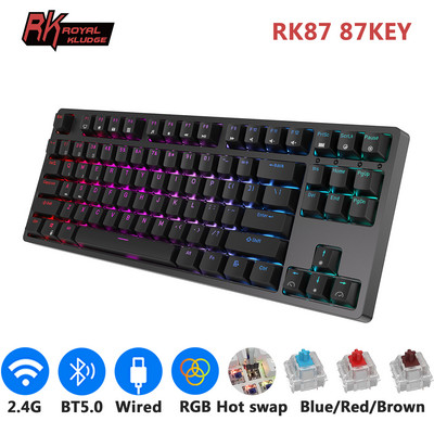 RK Royal Kludge RK87 Безжична RGB подсветка Механична игрална клавиатура 87 клавиша TKL Компактен офисен компютър тип Writer 2.4G Bluetooth