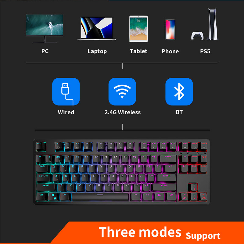 RK Royal Kludge RK87 Bežična RGB pozadinsko osvjetljenje Gaming mehanička tipkovnica 87 tipki TKL Compact Office PC Type Writer 2.4G Bluetooth