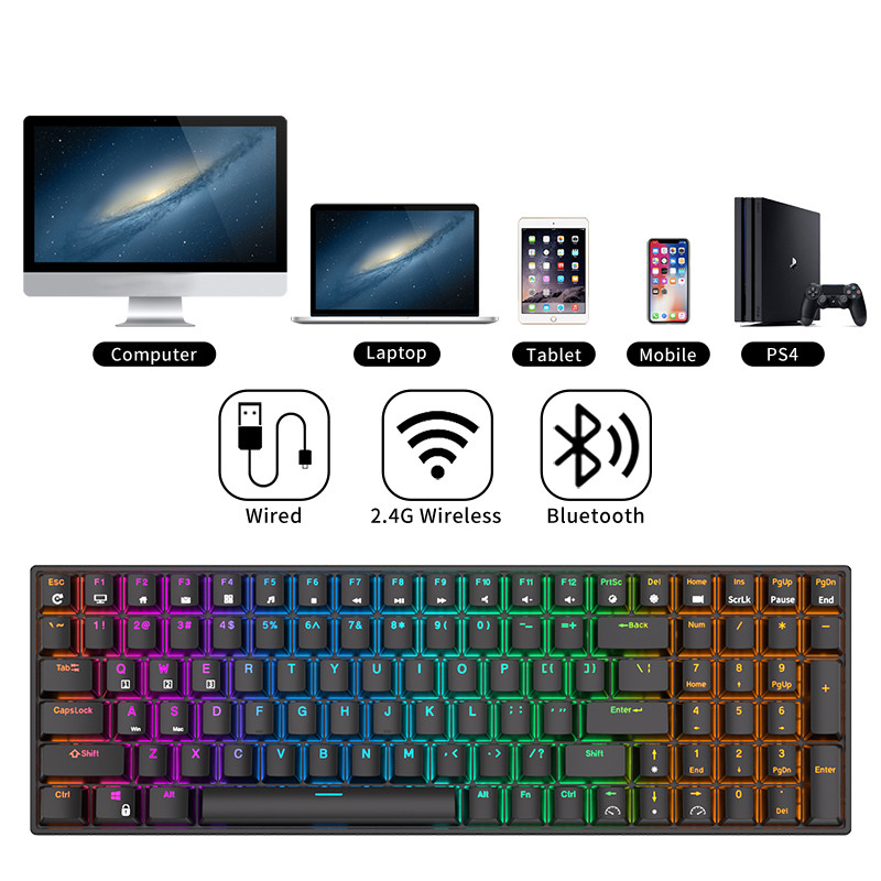 2,4 G bezvadu Bluetooth mehāniskā trīsrežīmu tastatūra 100 taustiņu RGB aizmugurgaismojums, karsti maināmas DIY spēļu tastatūras Royal Kludge RK98