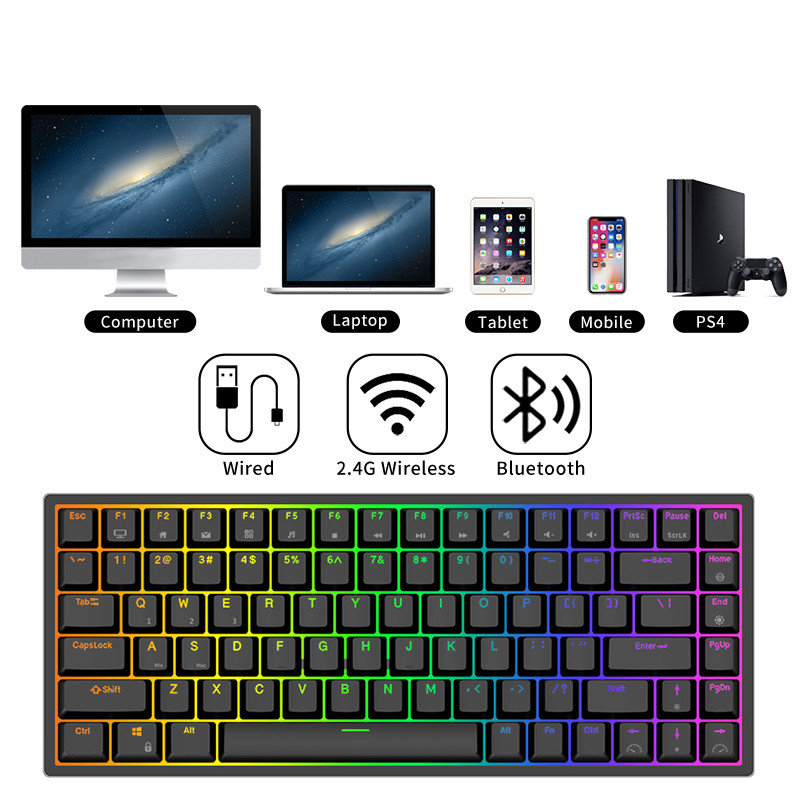 RK84 Royal Kludge Bluetooth trīsrežīmu 2,4 G bezvadu 84 taustiņu karstā maināmā RGB spēļu mehāniskā tastatūra Win/Mac Office spēlētājiem