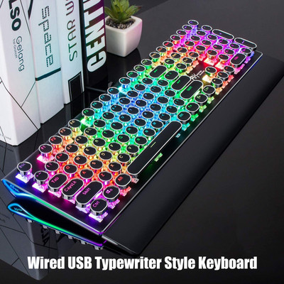 RK ROYAL KLUDGE S108 Механична клавиатура 108 клавиша Кабелна RGB подсветка Пишеща машина Ретро геймърска клавиатура със сгъваема опора за китката