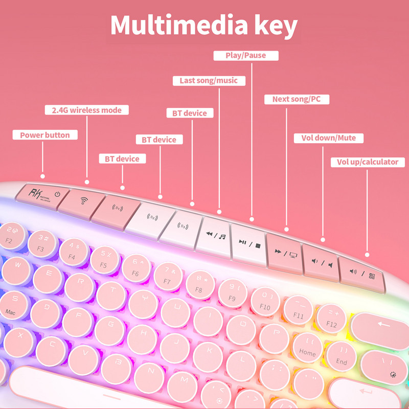 Γραφομηχανή RK ROUND ROYAL KLUDGE Μηχανικό πληκτρολόγιο Tri-Mode 2.4G Ασύρματο Bluetooth Wred 68 πλήκτρα RGB Retro Punk Gamer