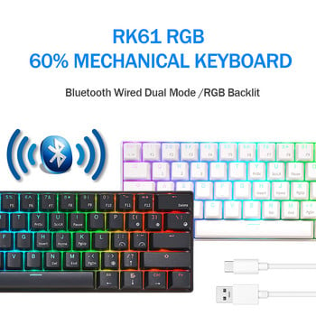 RK61 ROYAL KLUDGE 60% механична клавиатура 61 клавиша Ултракомпактна RGB безжична Bluetooth геймърска клавиатура за настолен компютър Таблет Лаптоп